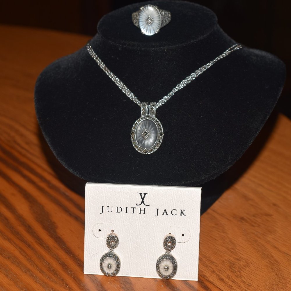 Vintage Sterling Silver Judith Jack Camphor Necklace & Earrings Set Plus Ring